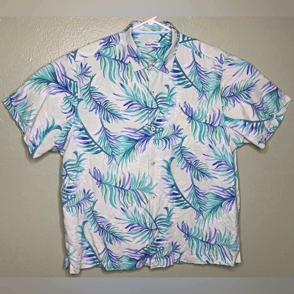 Tommy Bahama Mens Sz XXL White Blue Teal Calla Lily Alta Vista Fronds Camp Shirt